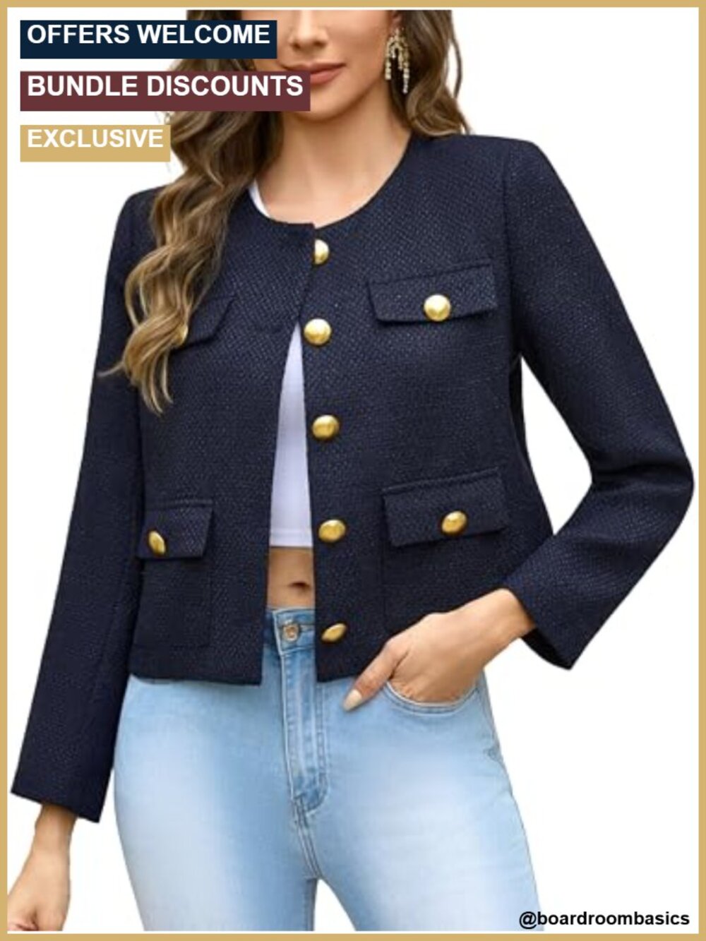 Cropped Tweed Blazer Women Single-Breasted Gold-Button Collarless